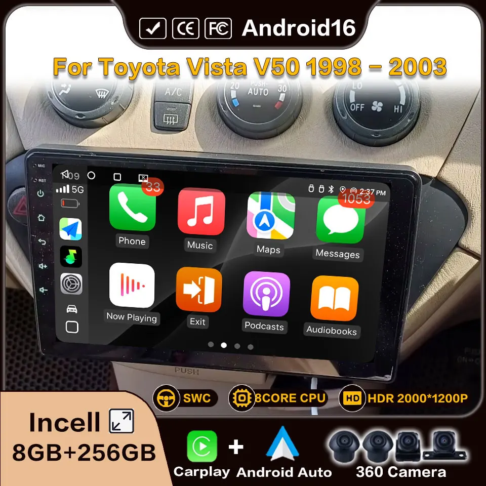 For TOYOTA Vista (V50) 1998-2003 Carplay Android Auto Wireless Android 16 Multimedia Autoradio Car Radio Video Stereo 8Core WIFI