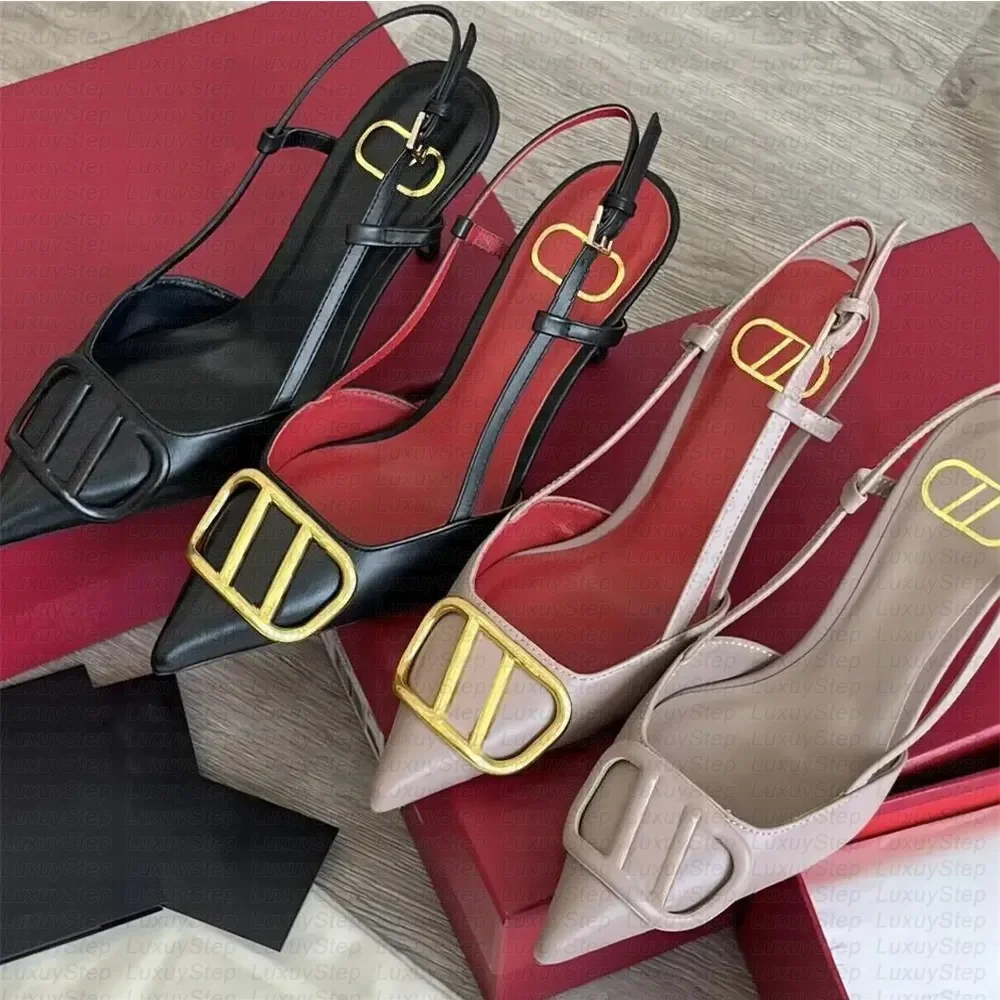 

Premium Slingback Heels Pointed Toe Kitten Pumps Heel Gold Metal Buckle Womens Ladies Leather Dress Shoes for Party Wedding Offi