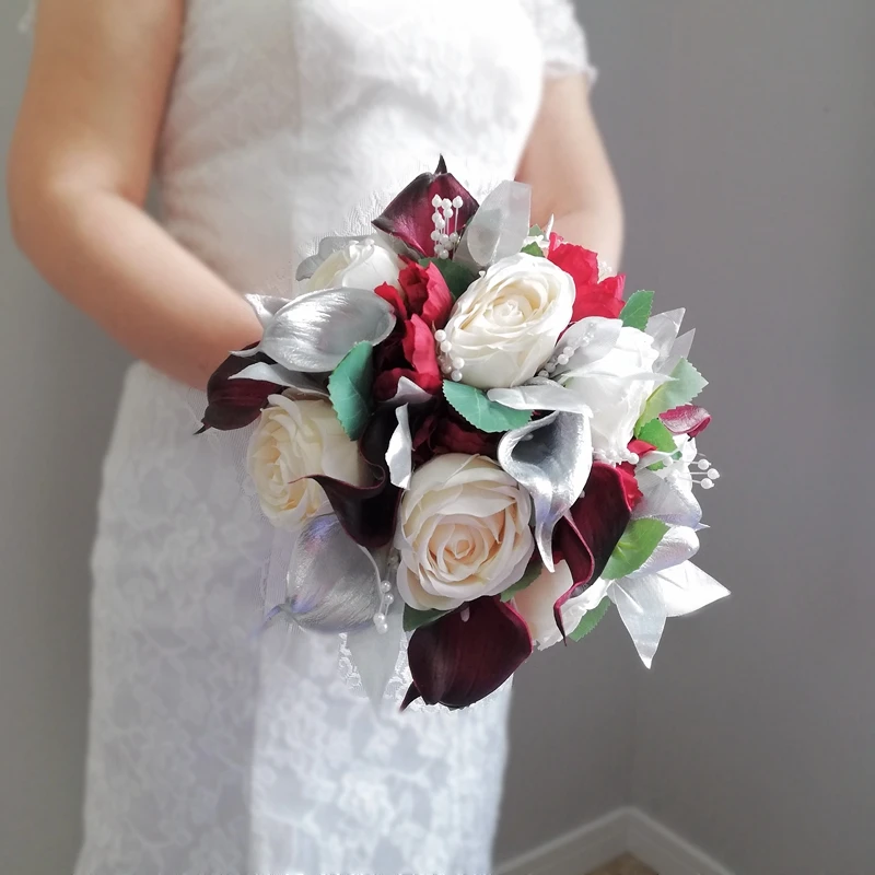 Whitney Wedding Collection 219  Bouquet for The Bride And Bridesmaids Silver Calla Lilies with Ivory Roses ramo de novia boda