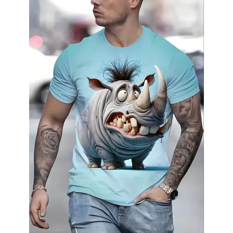3D Print Funny Cartoon Rhino T-Shirt For Men Cute Animal Graphic Short Sleeve Tees Summer Casual Street Tops Round Neck T Shirts