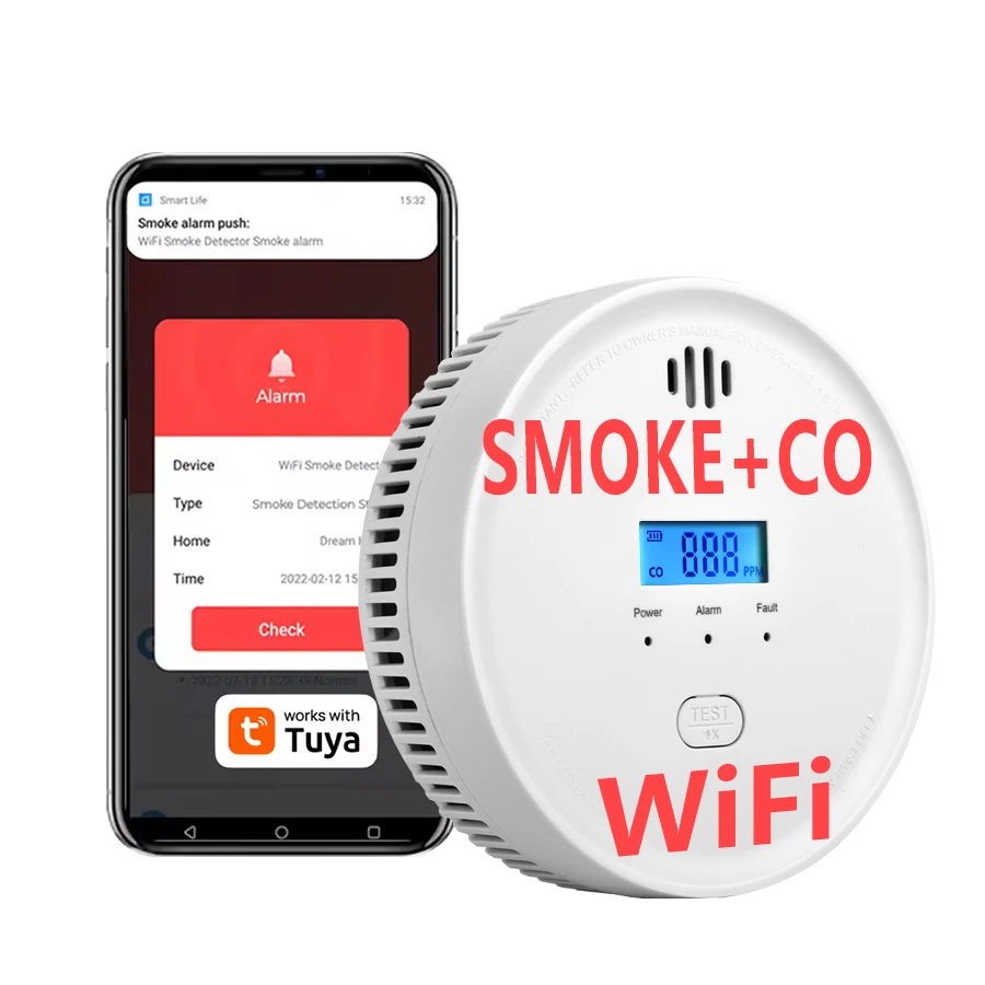 SMARSECUR WiFi Smoke & Carbon Monoxide Detector Battery Backup Smoke & CO Alarm Combo App Notification CE UL Certified