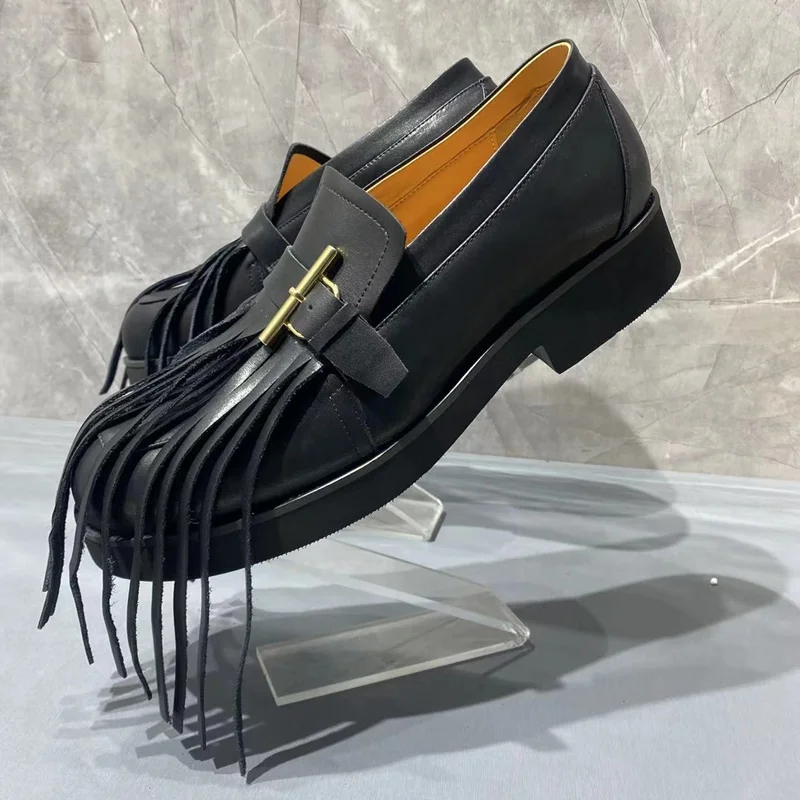 Classic Gentleman Long Tassel Loafers Leather Dress Shoes Man Buckle Shoes Formal Wedding Shoes Slip-on Catwalk Shoes For Men