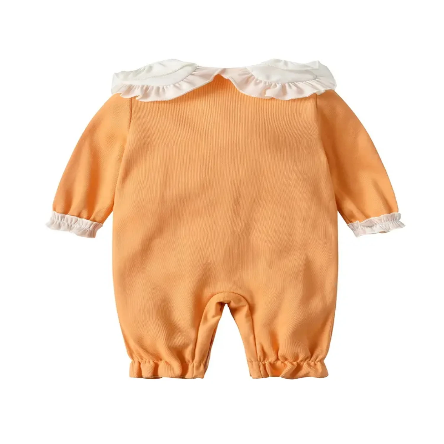 Langärmliger Strampler-Overall mit Rüschen und Schleife und Puppenkragen – trendige Baby-Mädchen-Mode