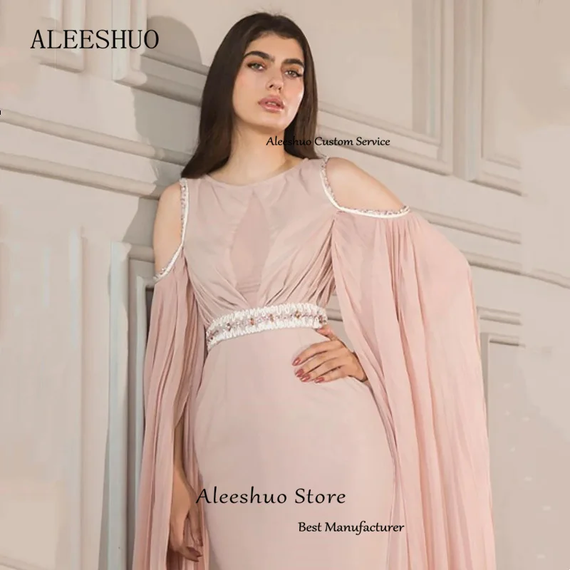 Aleeshuo splendida sirena Cut-Out maniche lunghe Prom Dressess in rilievo o-collo Zipper abito da sera alla caviglia muslimextrain squartial