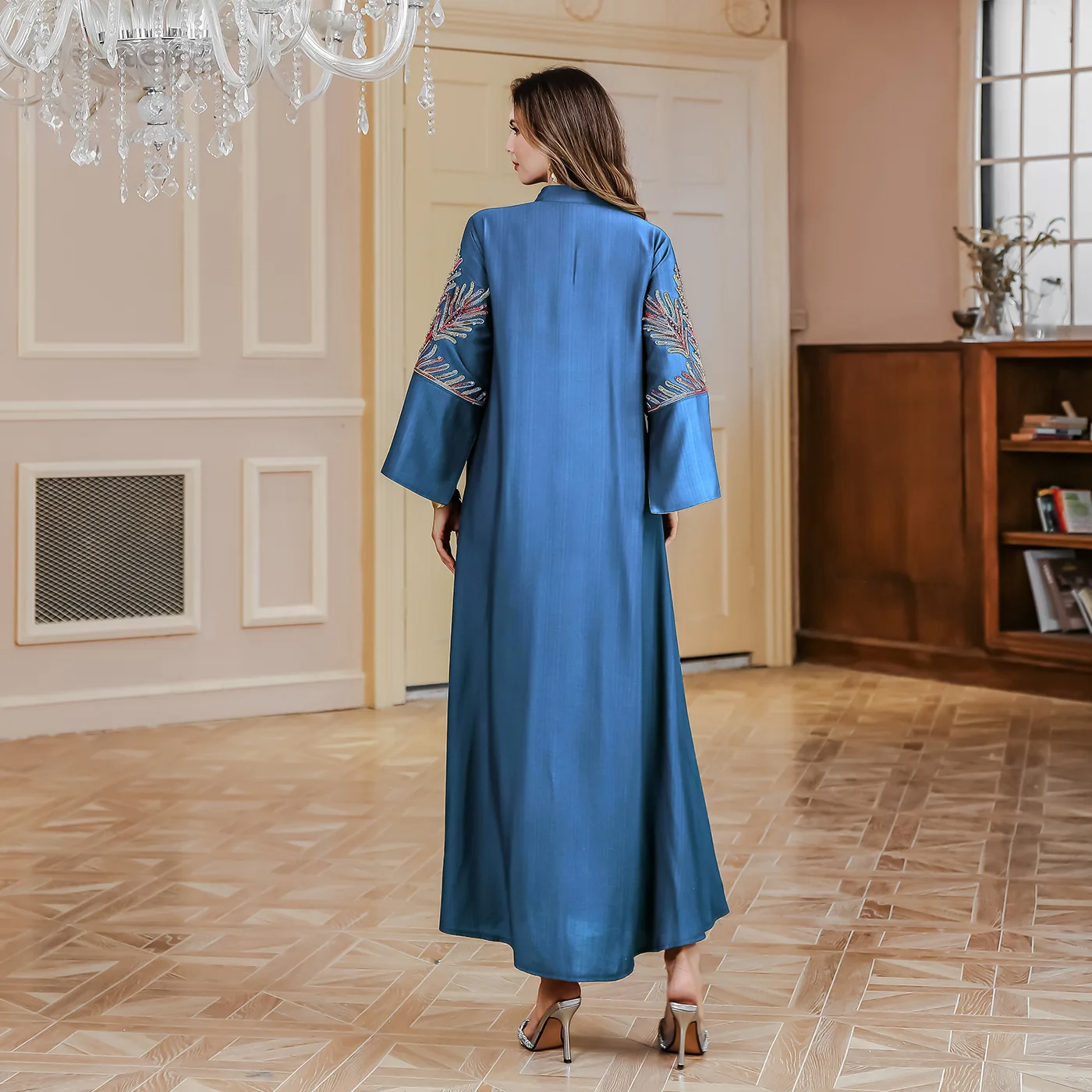 Retro Flower Embroidery Abaya Muslim Beads Dress Women Folding Split Sleeves Jalabiya Loose Robe Islamic Kaftan Ramadan Gown