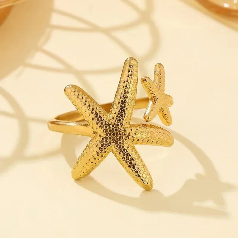 Trend 18K Gold Plated Irregular Starfish Opening Adjustable Rings for Women Retro Silver Stainless Steel Ring Boho Jewelry Gifts