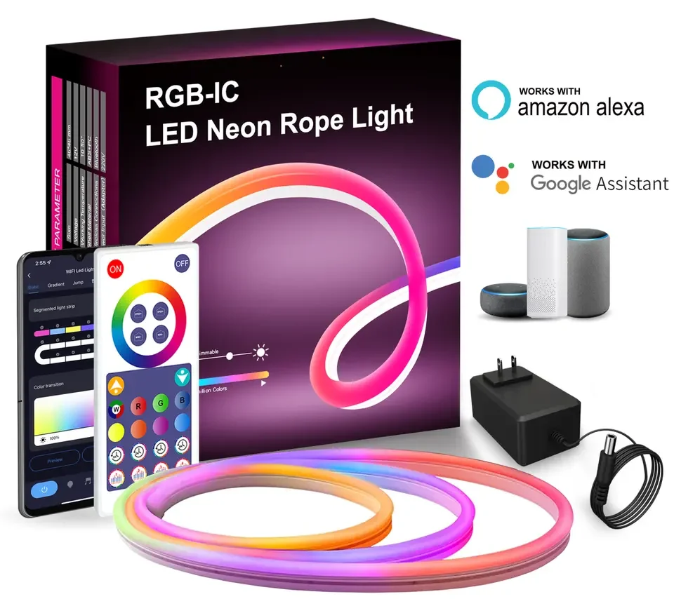 

12V RGBIC LED Neon LED Strip Rope Light with Music Sync Tuya Smart APP 16 Million DIY Colors Works with Alexa, Google Assistant