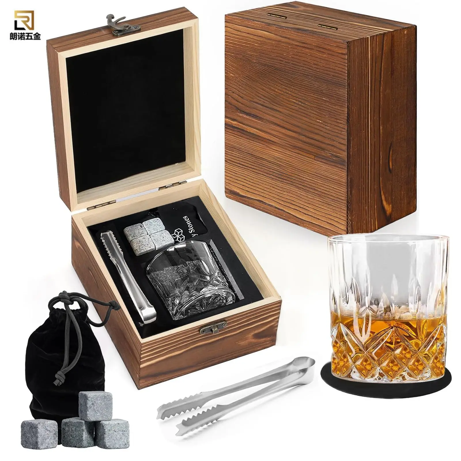 YING-Old Fashioned Whiskey Glass Tumbler with Ice Stone And Wooden Gift Box - Cocktail Drinkware for Whiskey Vodka