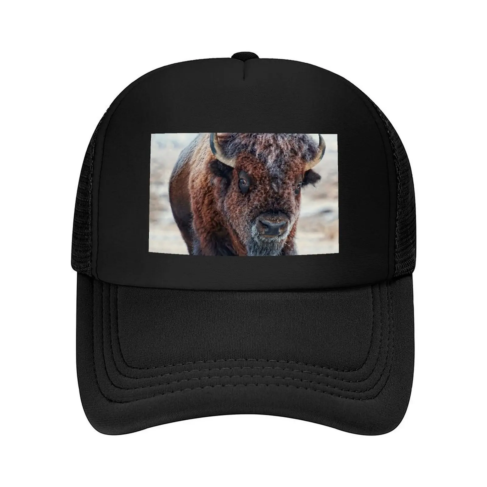 

A snow-covered American Bison Roams Yellowstone National Park Baseball Cap Brand Man cap summer hat Bobble Hat Man Women's