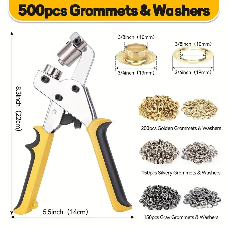 3/8 Inch 10mm Grommet Pliers Kit Tools Handheld Hole Punch with 200/500 Set of Eyelet Grommets for Leather Canvas Clothing