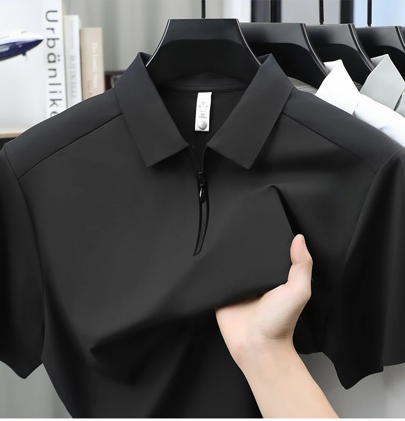Luxuriöses Herren-Poloshirt mit halbem Reißverschluss kurzärmelig einfarbig hochwertige Eisseide atmungsaktiv Sommer neu lässig modisch T-Shirt – Detail 17