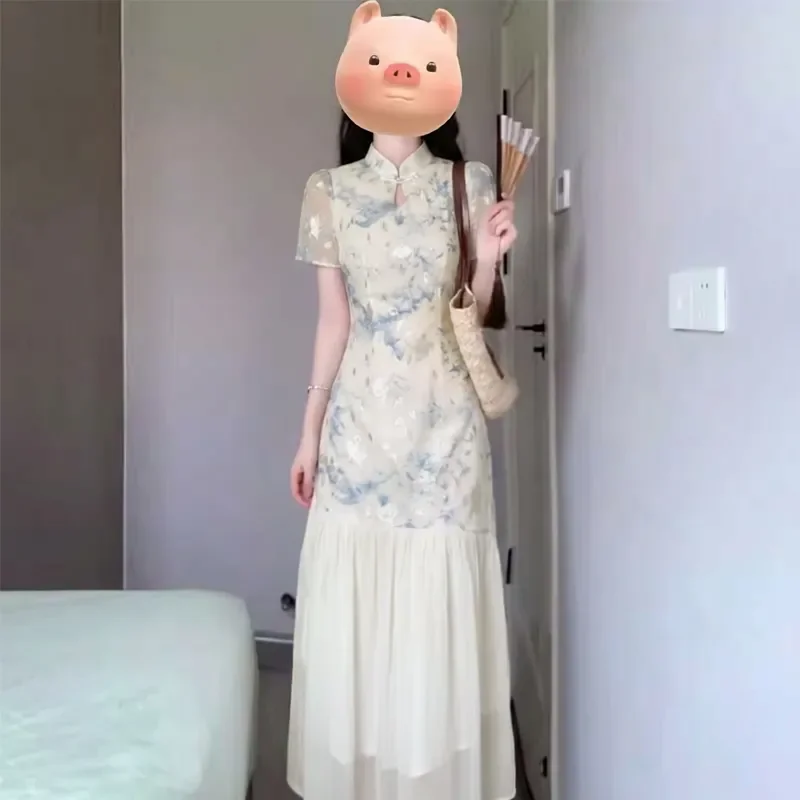 New Chinese Blue Floral Qipao Maxi Dress  Mesh Print Ruffle Hem Split Slim Improved Cheongsam Wedding Guest Vestidos
