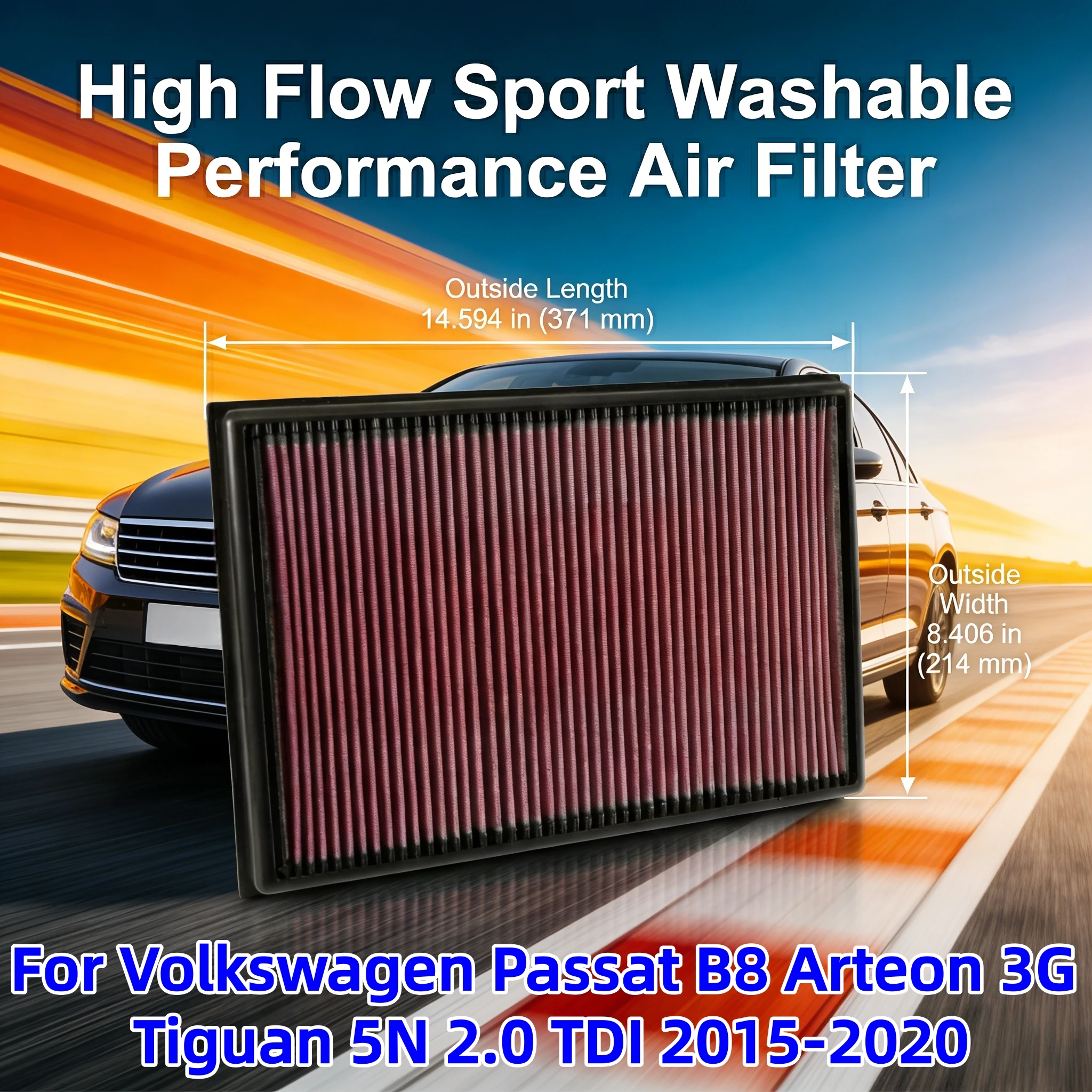 

Для Volkswagen Passat B8 Arteon 3G Tiguan 5N 2.0 TDI 2015-2020: Высокопроизводительный спортивный моющийся воздушный фильтр 33-3036 3Q0129620