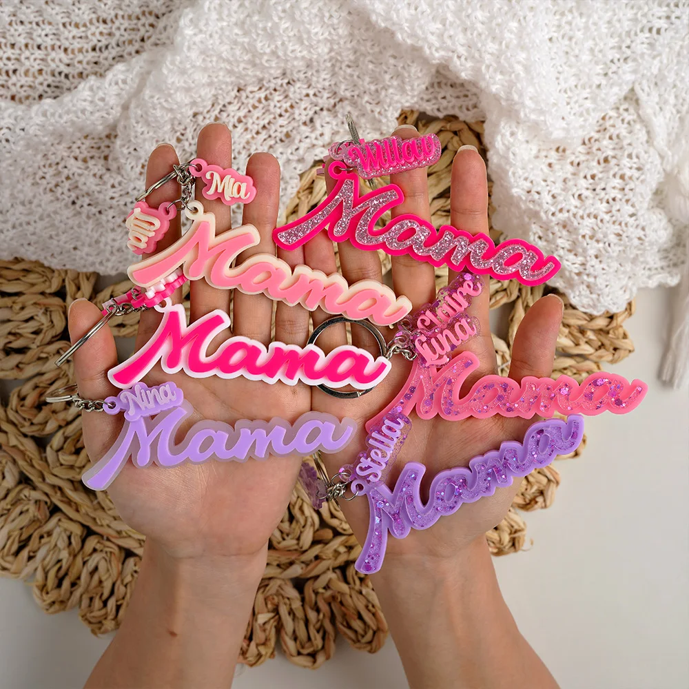 1 Custom MAMA Keychain - Personalized Name Custom Jewelry | Laser Engraved Low Saturation Unique Daily Gift