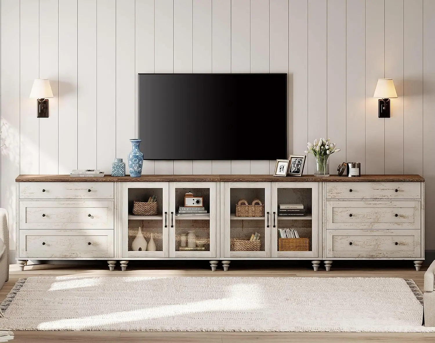 White TV Stand up to 110 inch, 4 in 1 Entertainment Center with Storage & Glass Doors, Console with 6 Drawers , Customized