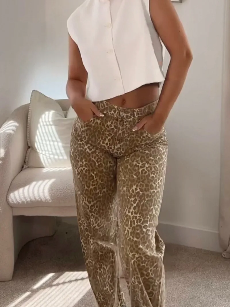 

Jeans Women Fashion Spring Autumn New Pocket Leopard Animal Prin Retro Jeans Pants Chic Female Mid-Waist Wide Legs Trousers