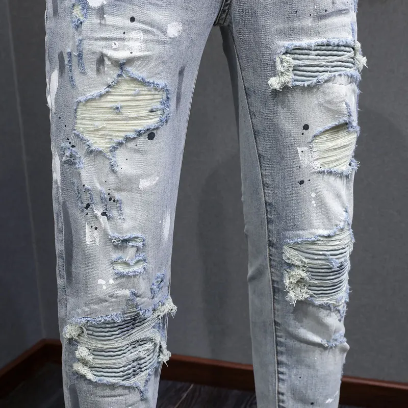 Y2K fashionable new men's jeans, painted, washed, nostalgic, stretchy, slim fit, light blue jeans, high street hip-hop br