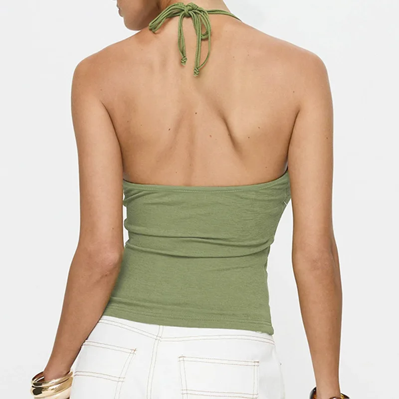 Women's Green Beaded Halter Neck Vest 2025 Summer New Tied-Back Top Sexy U-neck Slim Casual Versatile Tops Beach Clothing