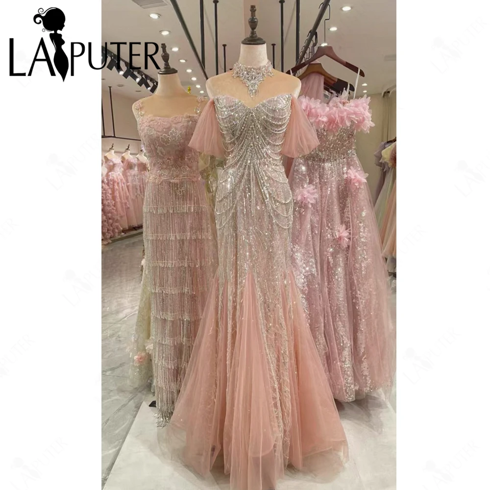 ピンクチュールマーメイドプロムドレスオフショルダーシルバークリスタルビーズスパンコールイブニングドレスサイドスリーブ女性エレガントフォーマルガウン
