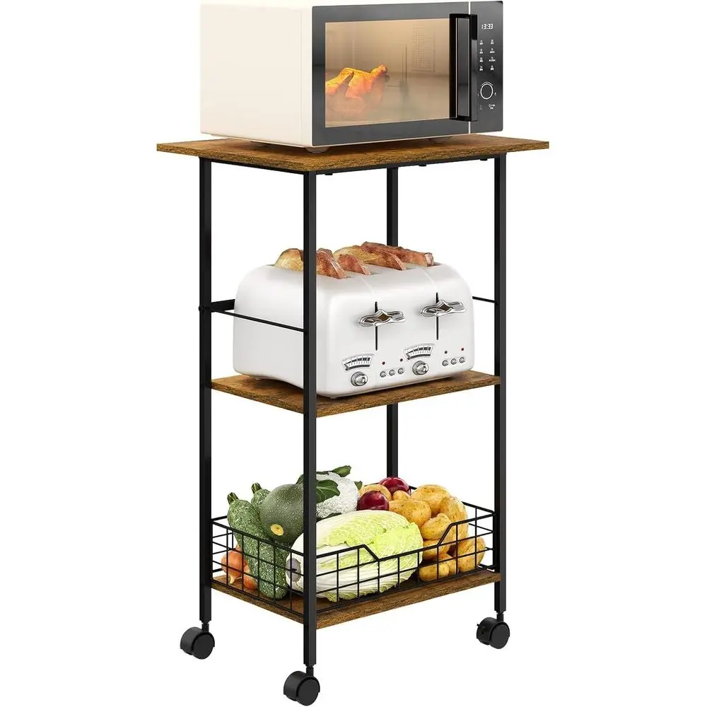 3-Tier Rolling Kitchen Cart with Storage, Wire Basket, and Wood/Metal Utility Table for Microwave and Coffee Bar