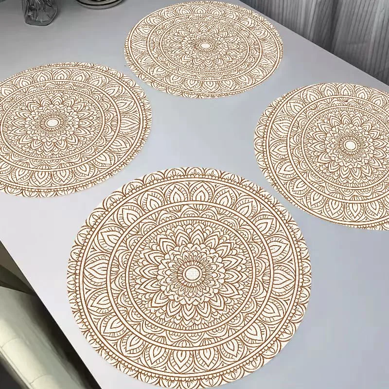 VIKAMA Warm Coffee Gradient Dahlia Mandala Round Linen Table Mat Insulation and Wear resistant Table Mat Desktop Decoration