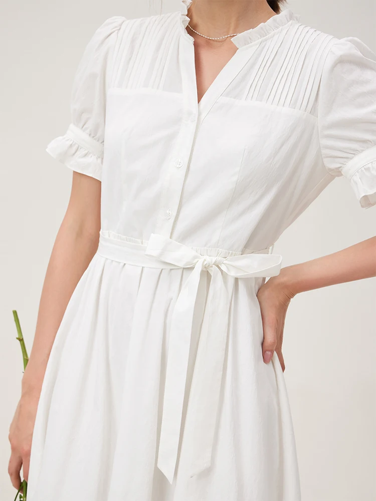 FSLE French Style V-neck Lotus Sleeve Summer Long White Dress 2024 Summer New Versatile Casual Classic Women Dress 24FS12470