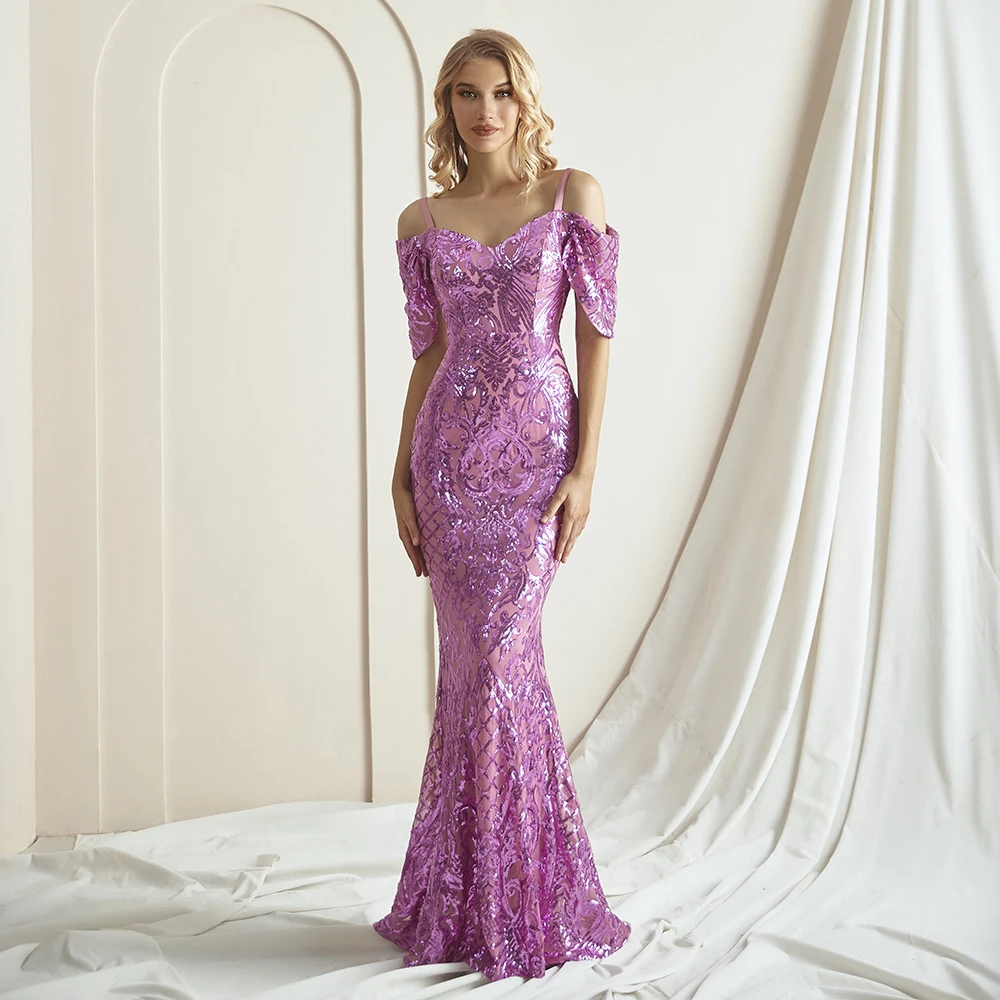 Elegant Sequin Off-Shoulder Mermaid Evening Dress Cold Shoulder Sleeves Floor-Length Gown vestidos de festa Formal Events