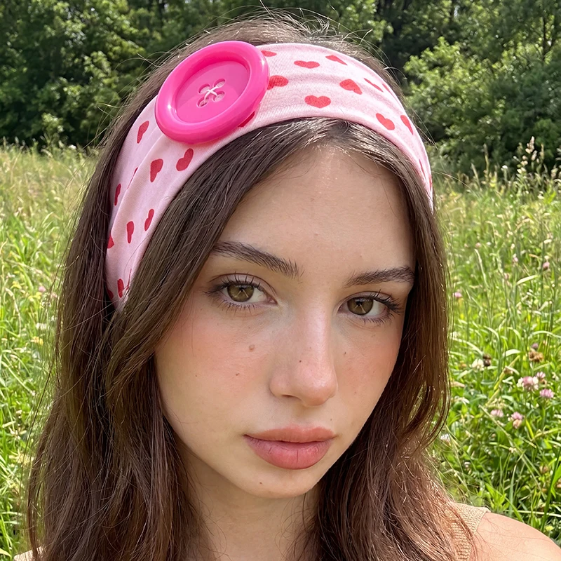 1/5pcs/set Love Button Print Headband – Versatile Elastic Hair Scarf for Casual & Vacation Looks.
