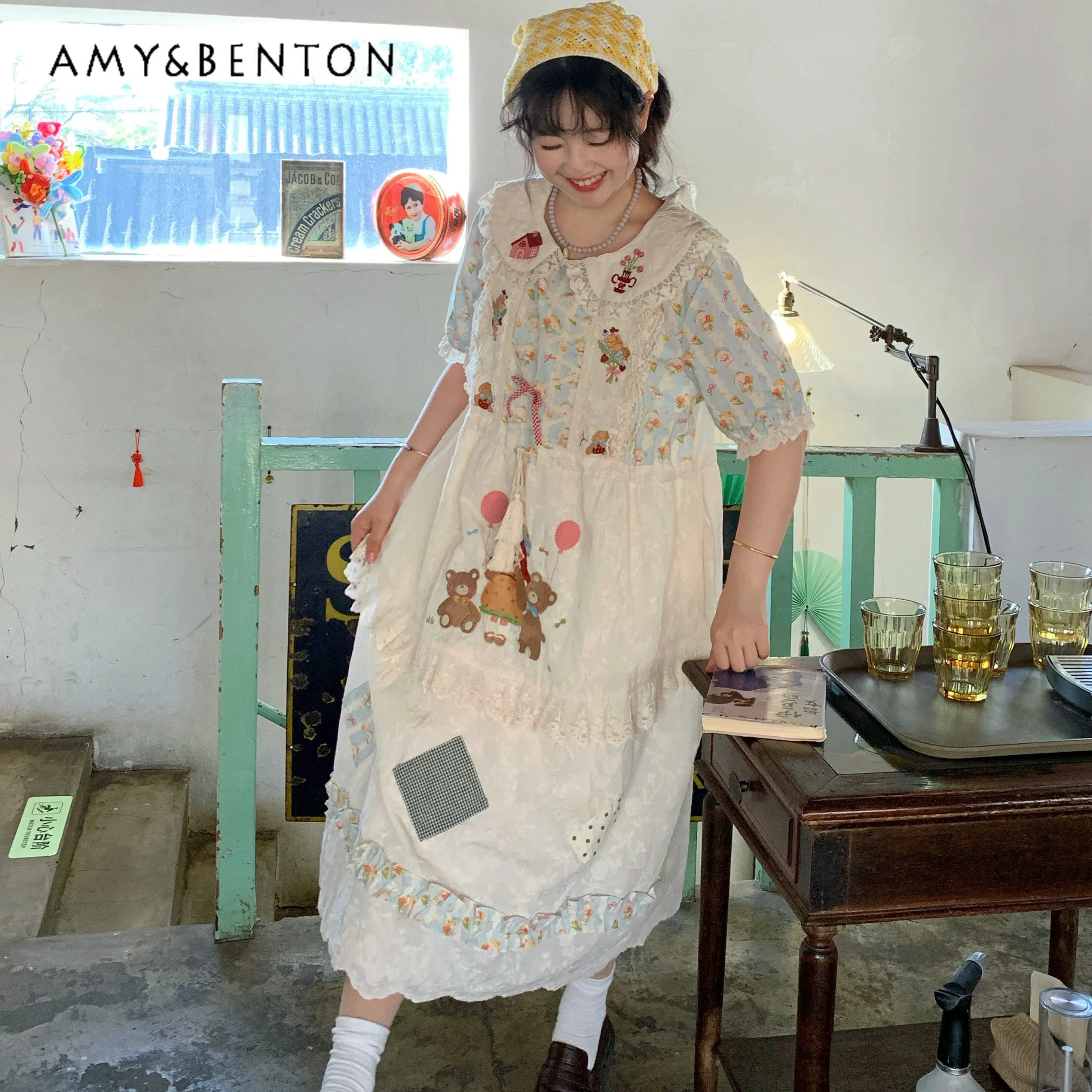 

2026 Summer New Mori Girl Style Women's Blue Cute Cartoon Bear Embroidered Patchwork Long Loose Short-sleeved Dress