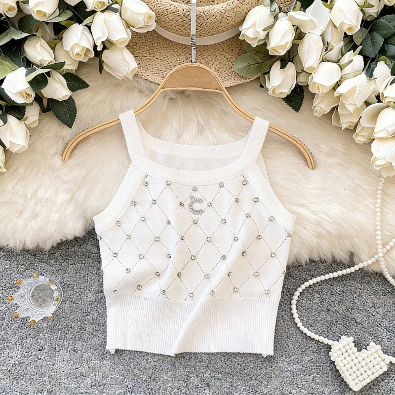 Women's Sleeveless Knit Camisole White Rhinestone Diamond Short Cami O Neck Spaghetti Strap Top Stretch Summer Clothing Crop Top
