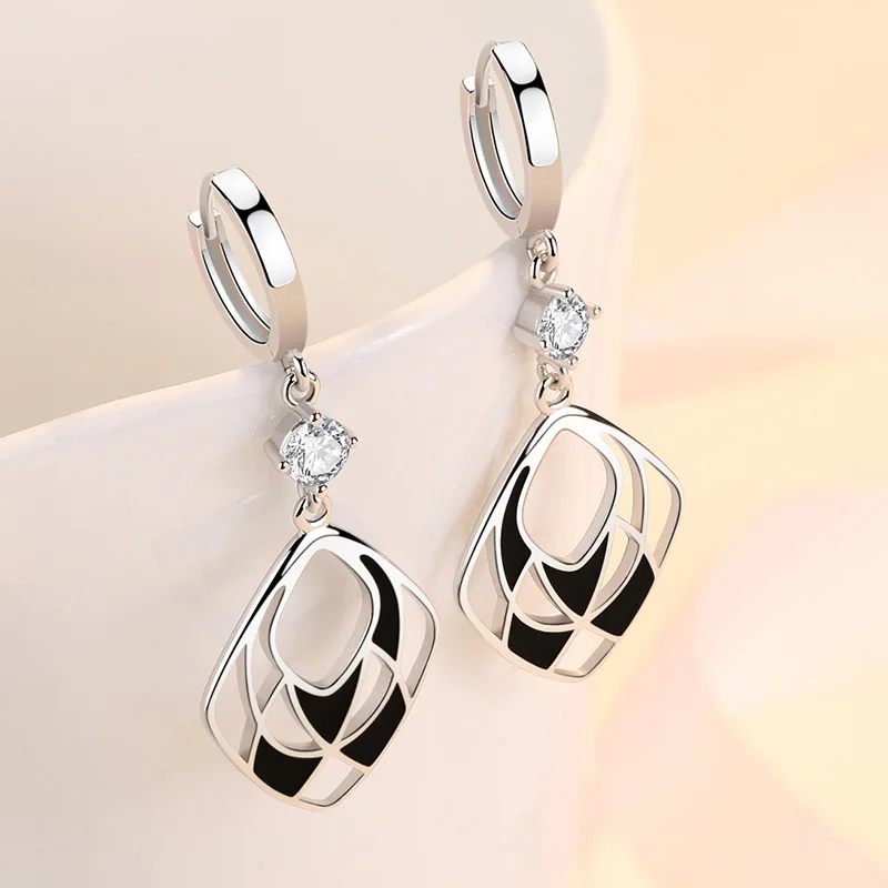 Exquisite Geometric Polygon Vintage Black Rhombus Eardrops Jewelry 925 Sterling Silver Earrings For Women Party Accessories Gift