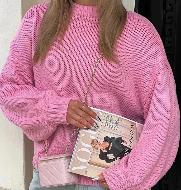 Einfarbige Pullover, lockere Passform, Pullover für Damen, lässig, übergroß, Strickpullover, Herbst und Winter