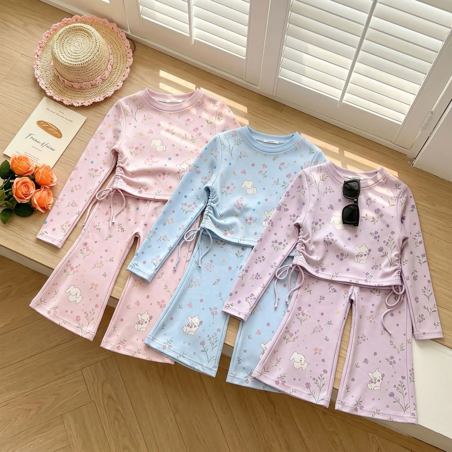 2-7 Years Old Cute Toddler Girl Clothes Spring and Autumn Children's Two Piece Set Long Sleeve Floral Print Top+Micro Pull Pants