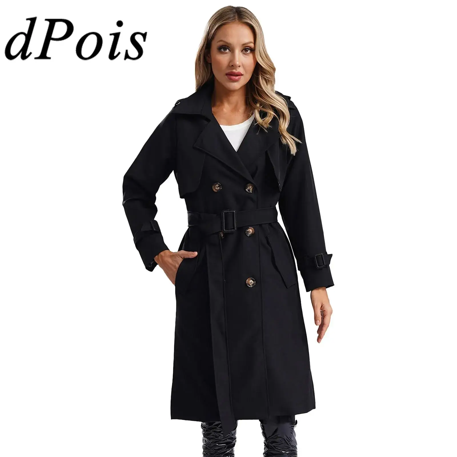 Overcoats Women Long Trench Coat Double Breasted Classic Lapel Fall Overcoat with Self-tied Belt Autumn Winter Outerwear