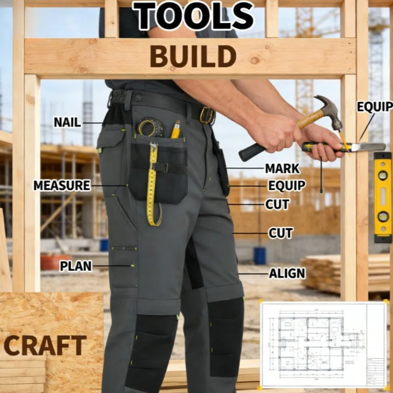 

Spring Autumn Stretch Durable Work Pants Multi Pocket Tough Rip Resistant Cargo Pants for Construction Workers