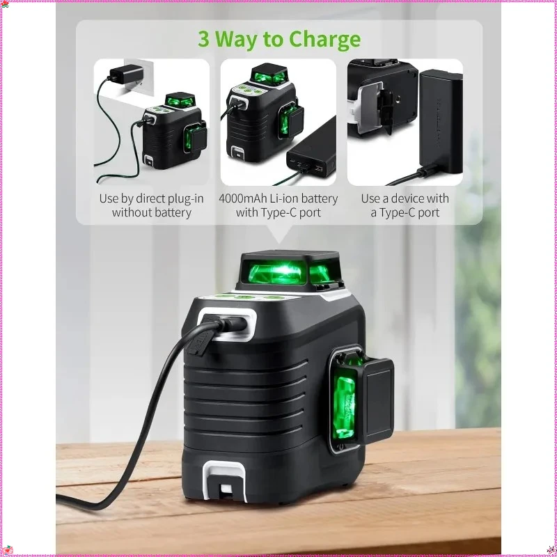 360 °   Livella laser autolivellante con treppiede da 60" - Lazer verde ricaricabile, 3 X 360 °