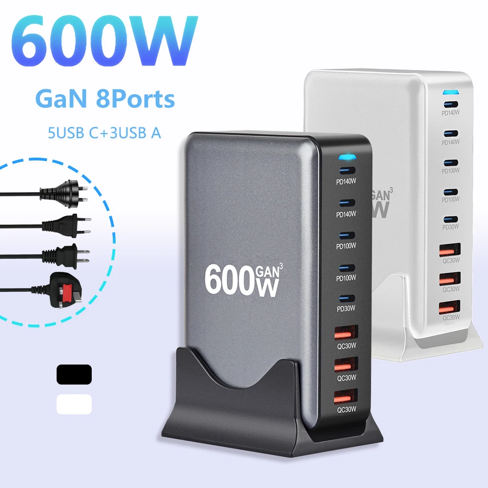 

Зарядное устройство USB C мощностью 600 Вт, 8-портовое быстрое зарядное устройство GaN III USB PPS PD Зарядная станция 140 Вт с USB-A, зарядное устройство источника питания USB C