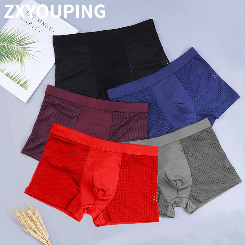 5PCS/Lot Ice Silk Mesh Hole Mens Boxers Cool Design Underwear Breathable Men Shorts Men Pantis Plus Size L-5XL