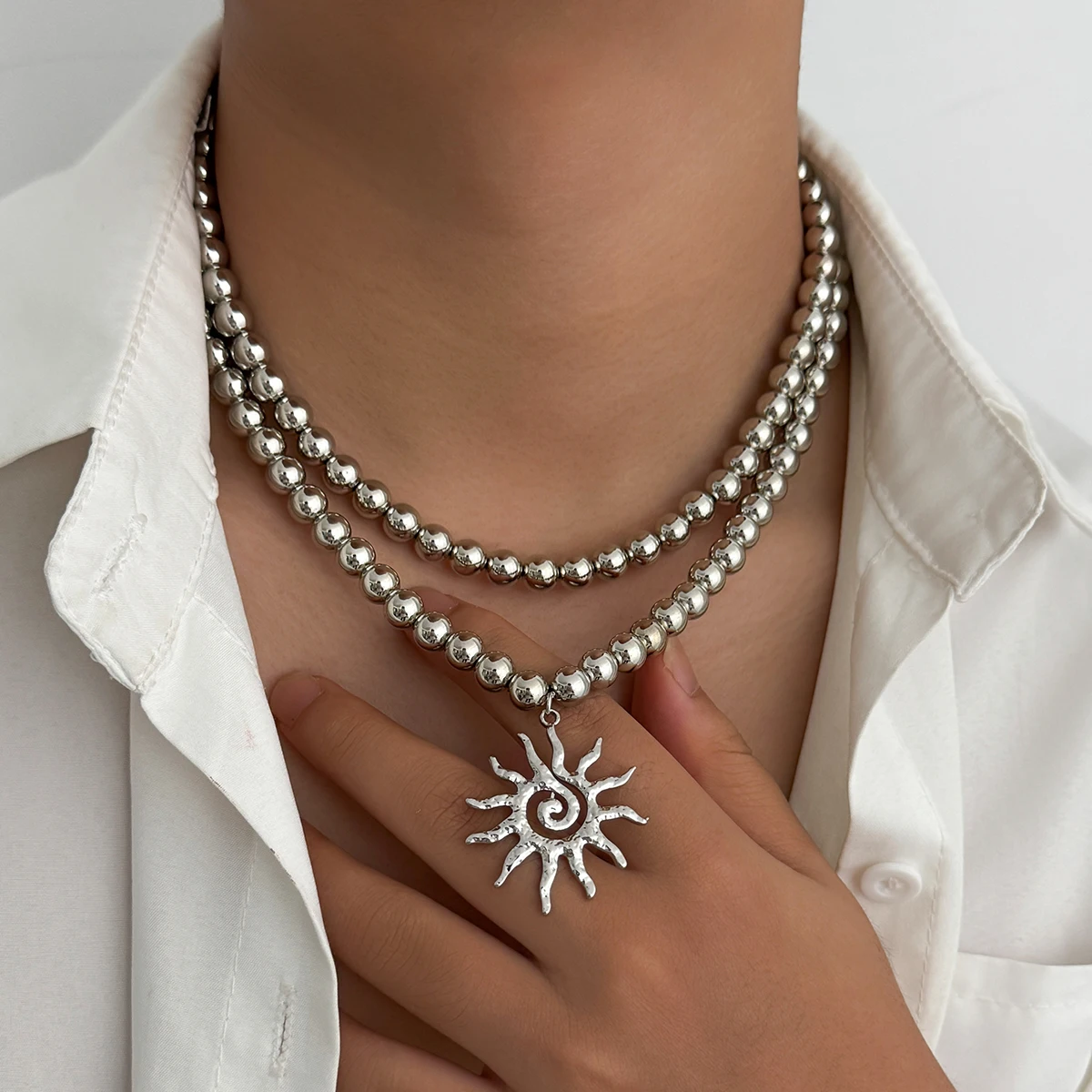SHIXIN 2 Pcs/Set Trendy Smooth Imitation Pearl Choker Necklace for Men Hip Hop Gold Color Sun Pendant Necklace Male Jewelry New