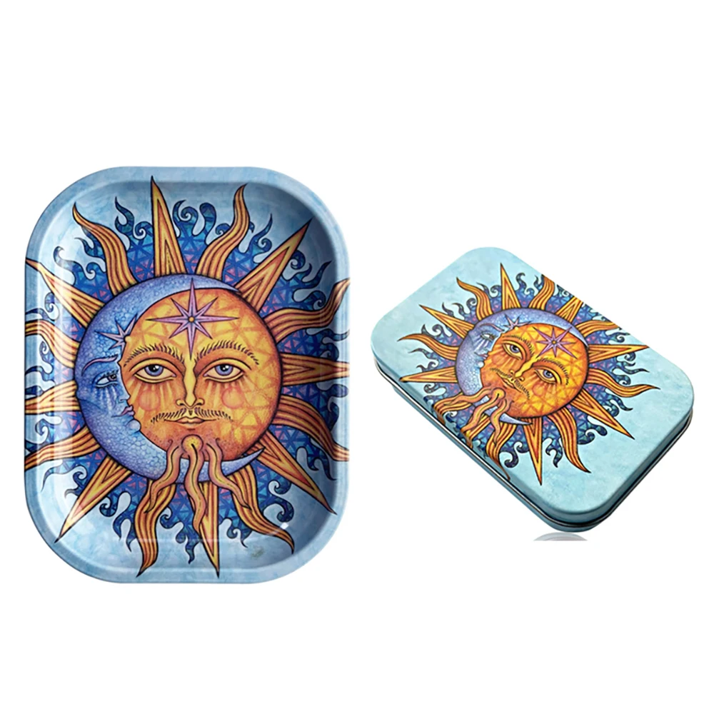 2Pcs 18X14cm Metal Tobacco Tinplate Rolling Tray with Dish Tin Storage Plate Small Container Cigarette Case Smoking Accessories