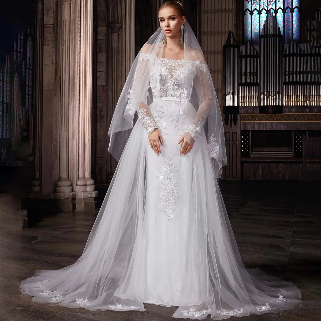 

Luxurious Long Sleeve Wedding Dresses With Sequins Appliques Boat-neck Off the Shoulder Formal Gowns Customized Bridal Dress