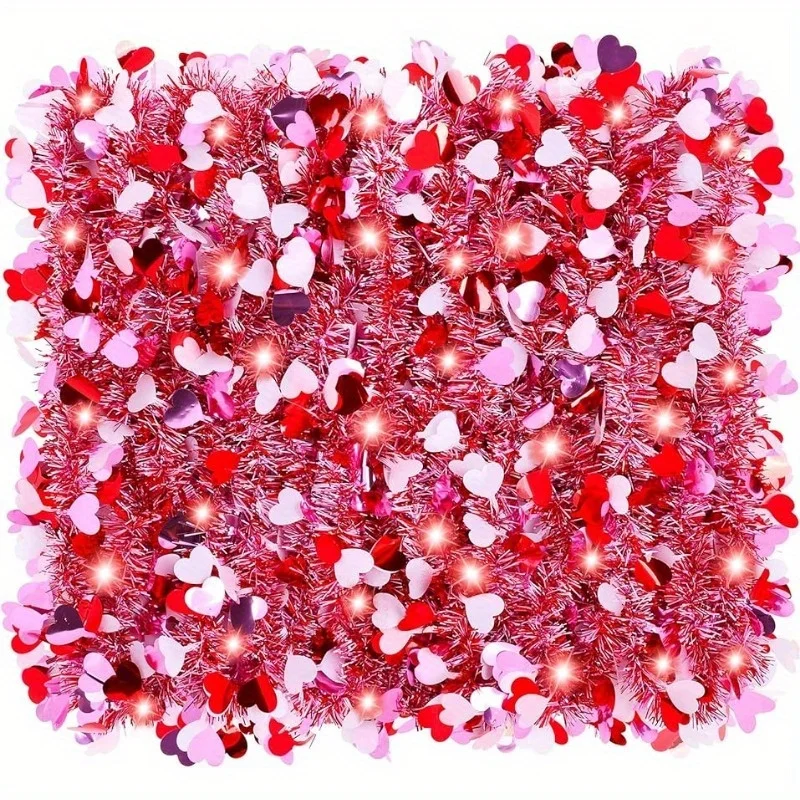 2pcs Valentines Tinsel Garland with LED Light  String  Valentines Tree Hanging Garland Decoration for Indoor Outdoor Decorations