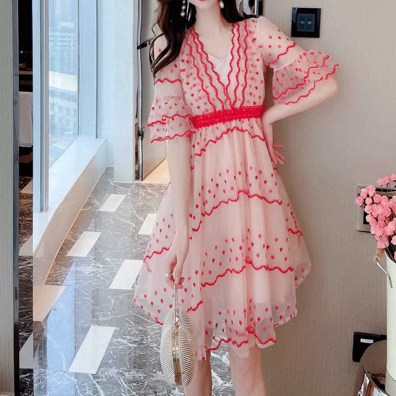 Spring and Summer New Women\'s Clothing Ruffle Sleeve V-Neck Panel Mesh Strap Zipper Fashion Korean Version Mid-long Fairy Dress