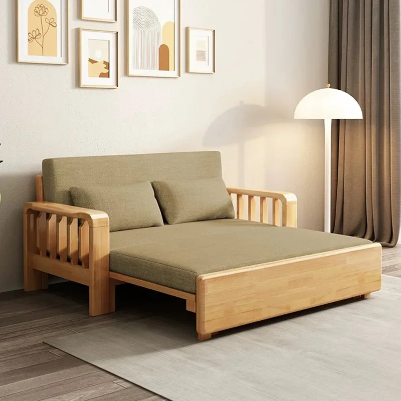 Solid Wood Sofa Bed Thickened Simple Dual-purpose Foldable Retractable Living Room Multi-function Nap Pull-out Sofa