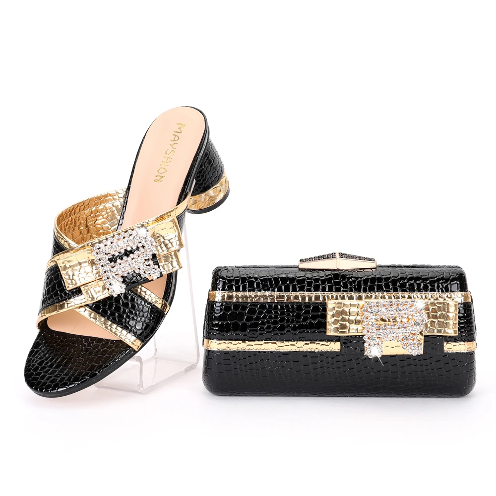 2022 New Fashion Designs Alphabet R Rhinestone Ornament Chunky Sandal With Clutch Italian Shoes and Bag Set