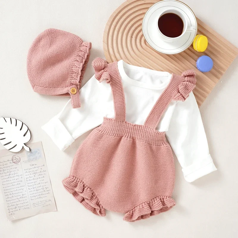 

Baby Bodysuits Knit Infant Girl Jumpsuit Fashion Ruffles Children Clothes Hat Newborn Overalls Sleeveless 0-18M Sling Romper 2PC