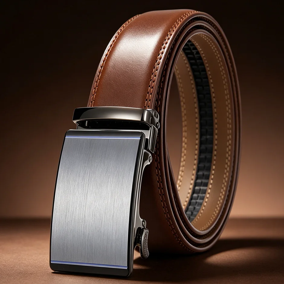 Plyesxale New Brand Fashion Mens Belt Cowskin Genuine Leather Belts Brown Formal Automatic Buckle Luxury Designer Belt Men B1243