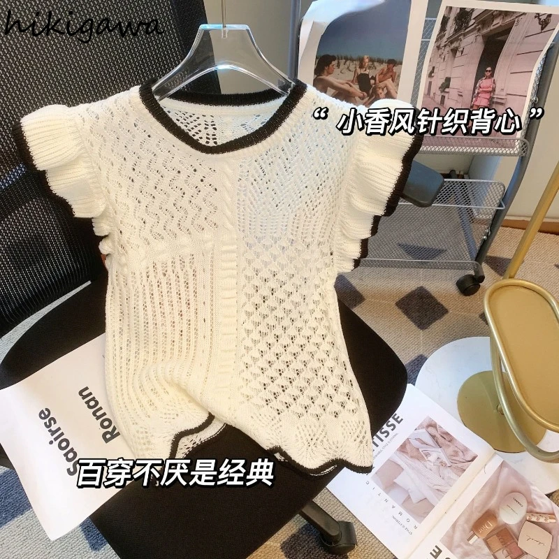 Shirts for Women Vintage T Shirts Flying Sleeve Tunic Korean Tees 2024 Ropa Mujer Fashion Knitted Hollow Out Summer T-shirt Tops