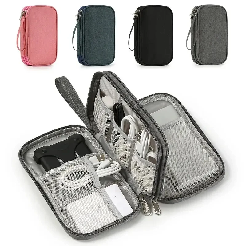 Digital Storage Bag Travel Portable USB Data Cable Earphone Charging Box Bag Double Layer Handheld Foldable Toiletry Makeup Bag