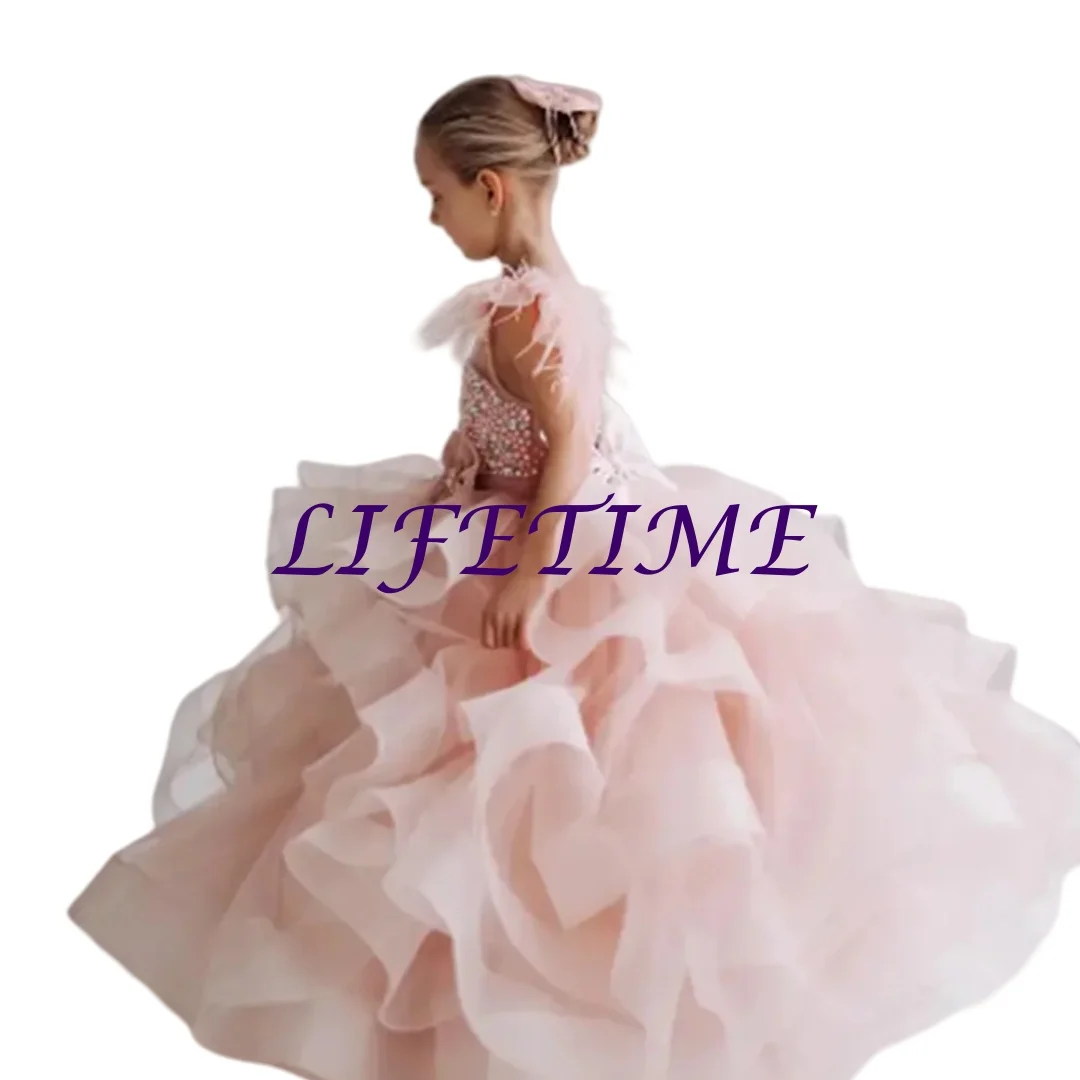 

CustomizedCustomized Blush Pink Flower Girl Dresses For Wedding Layered Feather Pearls With Bow Graceful Kids Birthday Party Ban